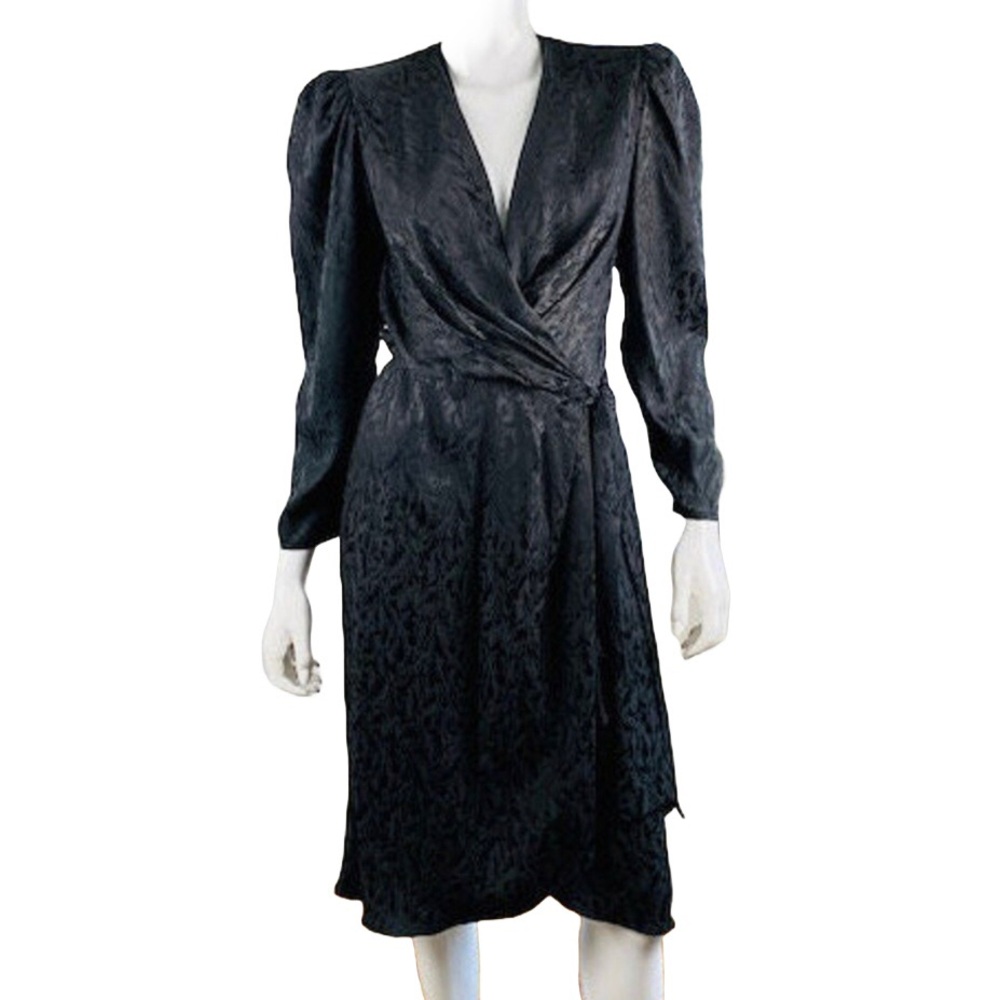 ARGENTI Vintage 100% Pure Silk Black Gorgeous Flattering Draped Wrap Dress 8 EUC